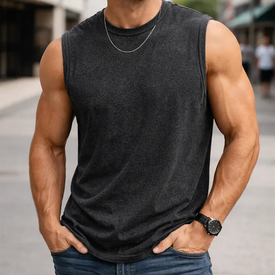 (4-pack)Oversized Vintage Washed Cotton Tees & Sleeveless Vests