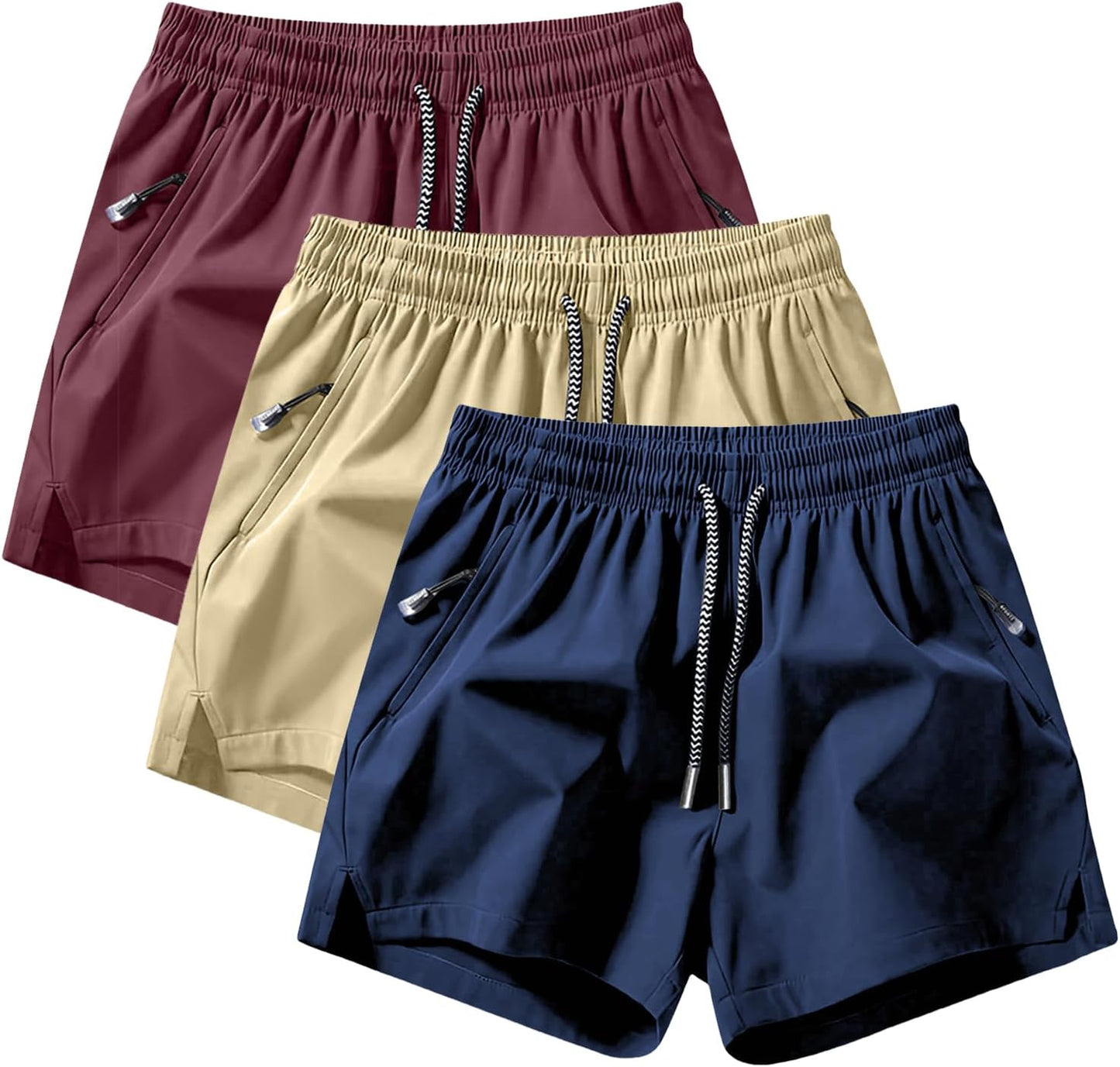 (Paquete de 3) shorts deportivos ligeros que absorben la humedad con bolsillos con cremallera