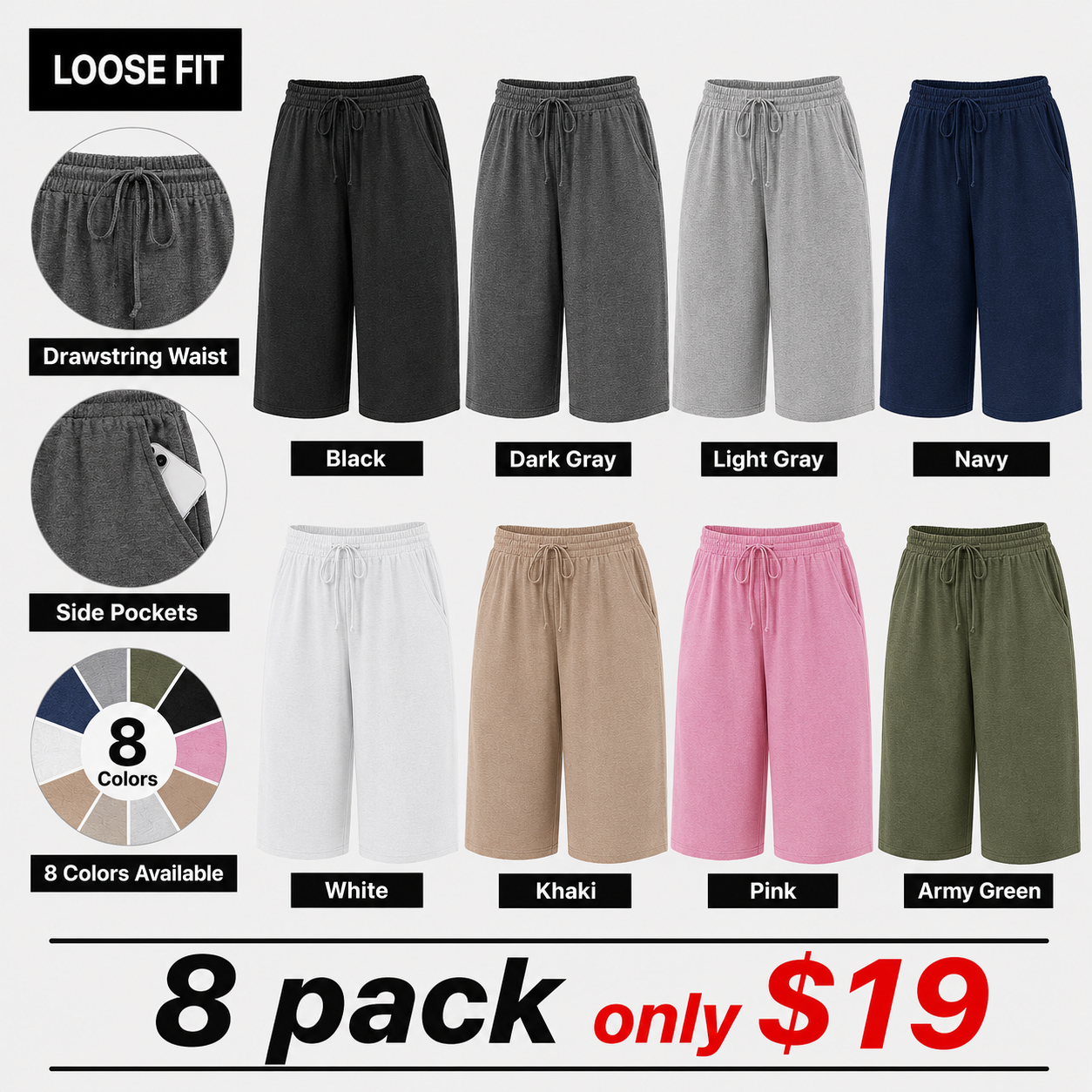 Plus Size Wide-Leg Capri Lounge Baggy Pants - Wide Leg Knit Pull-On Pants with Pockets,M-6X