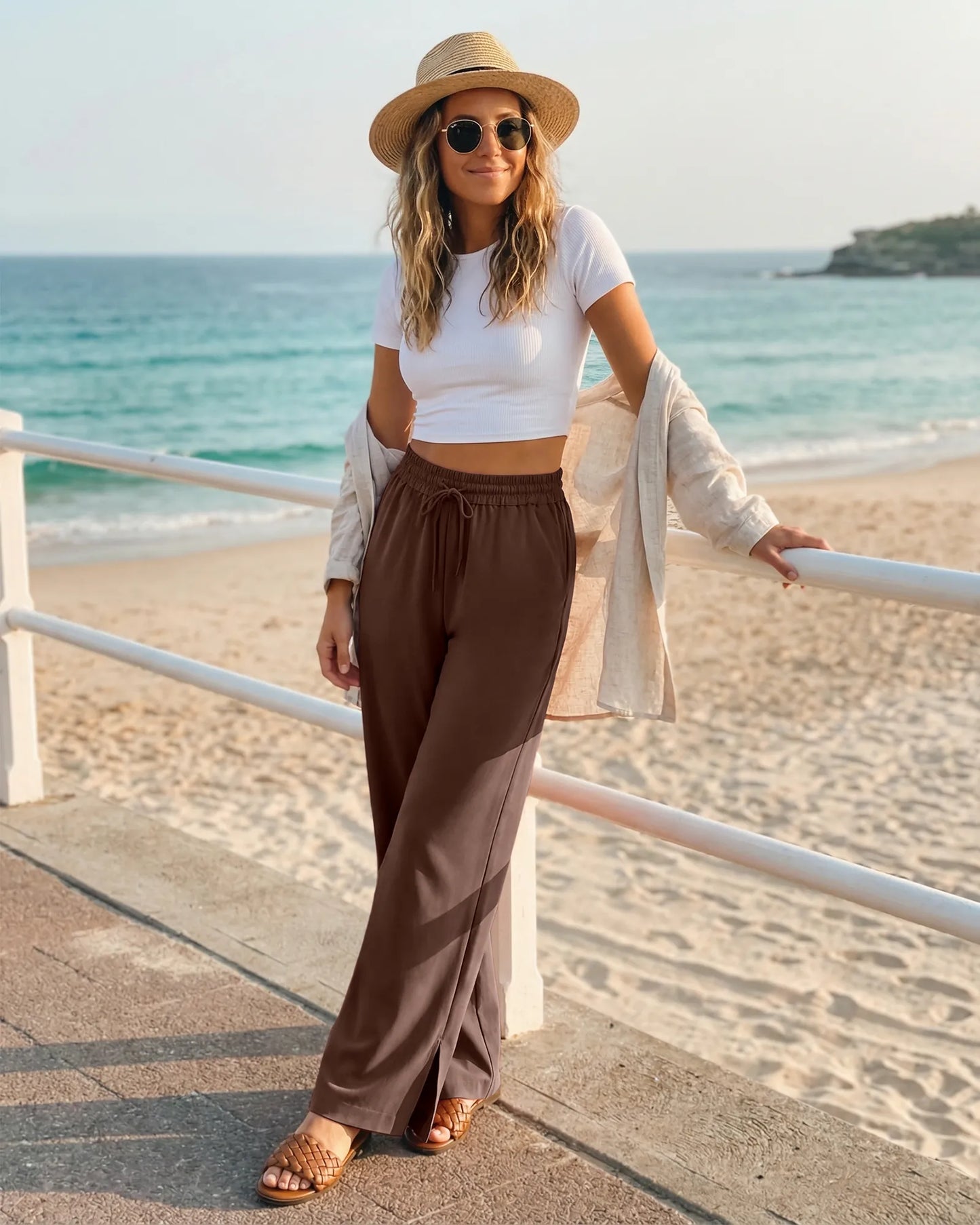 Pantalones Anchos Chillwhisp Palazzo Fluidos con Abertura Lateral y Cordón Ajustable