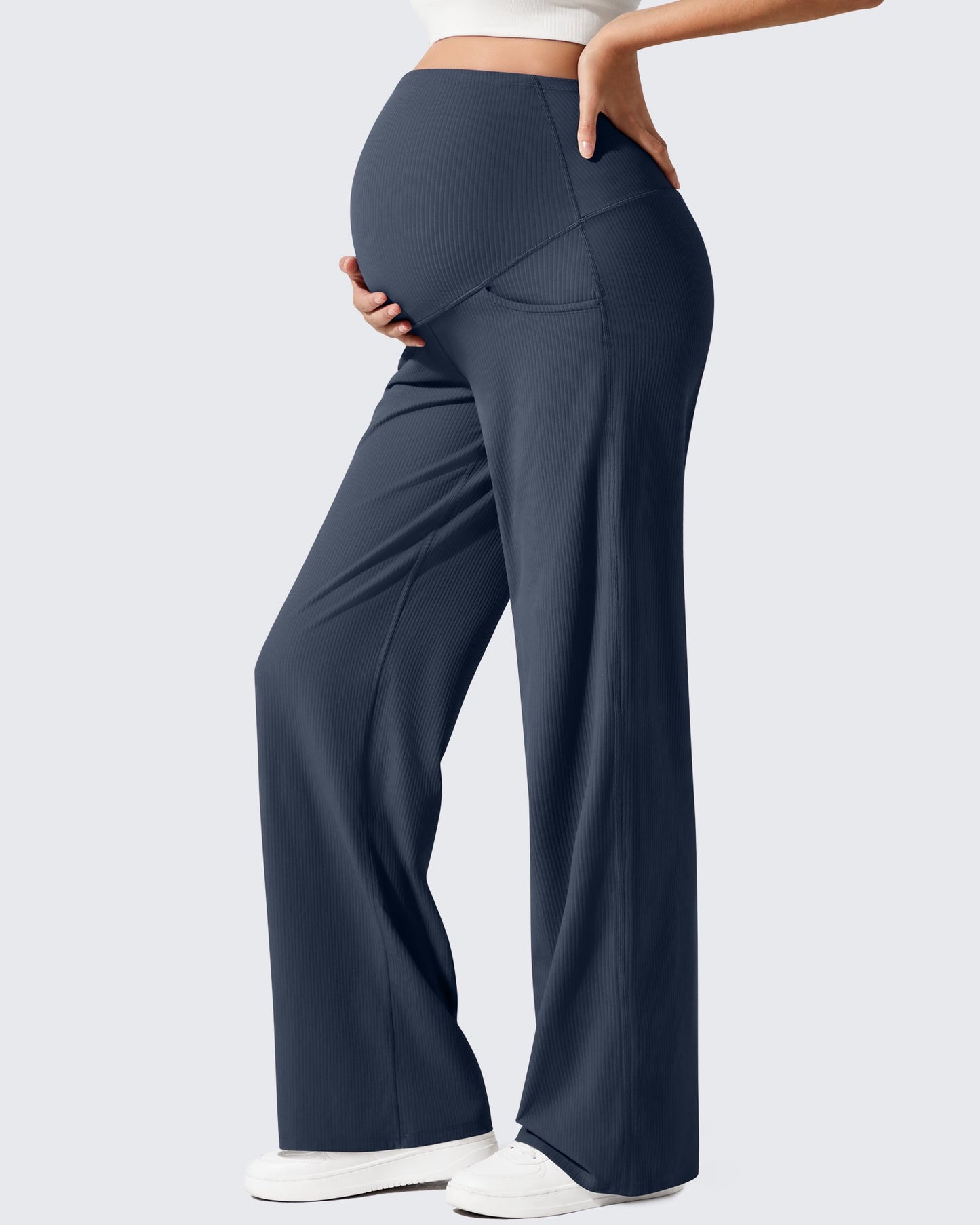 Pantalones de yoga casuales de maternidad acanalados de pierna ancha