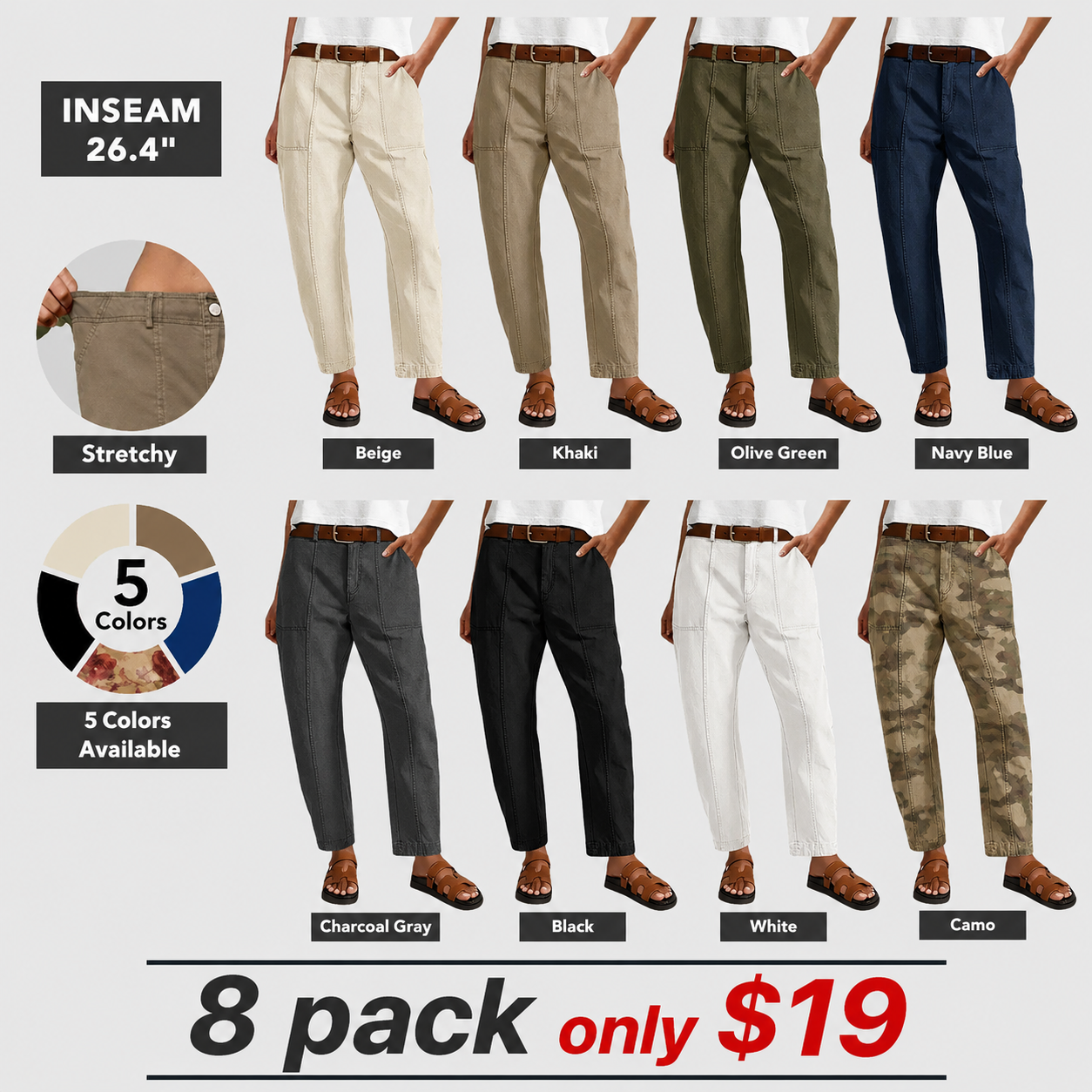 Solid Stitch Detail Mid Waist Baby Barrel Fit Deep Pockets Pants High Stretch 26.4" Inseam Casual