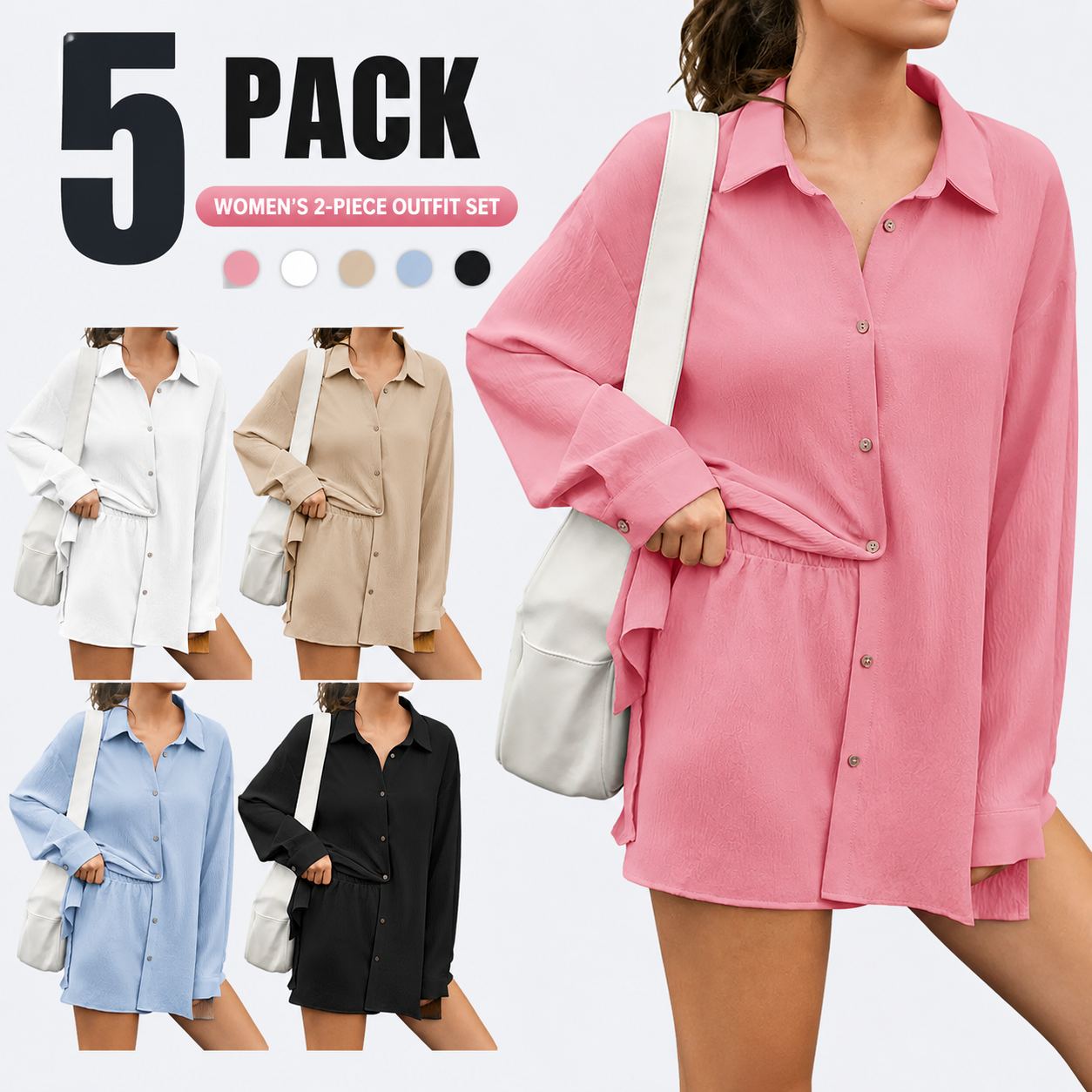 Womens Gauze Shirt & Shorts Set 2-in-1 Button Connected Oversized