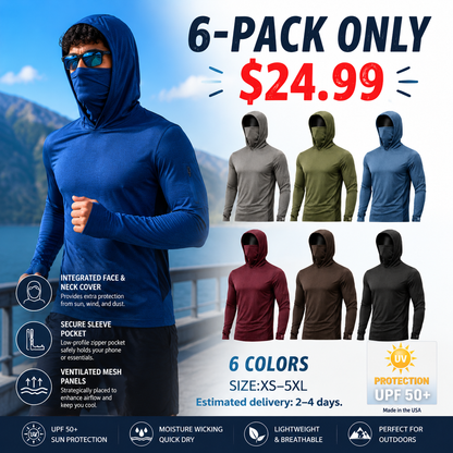 Men's UPF 50+ Long-Sleeve Sun-Protection Hoodie (with Sleeve Pocket and Face Mask)