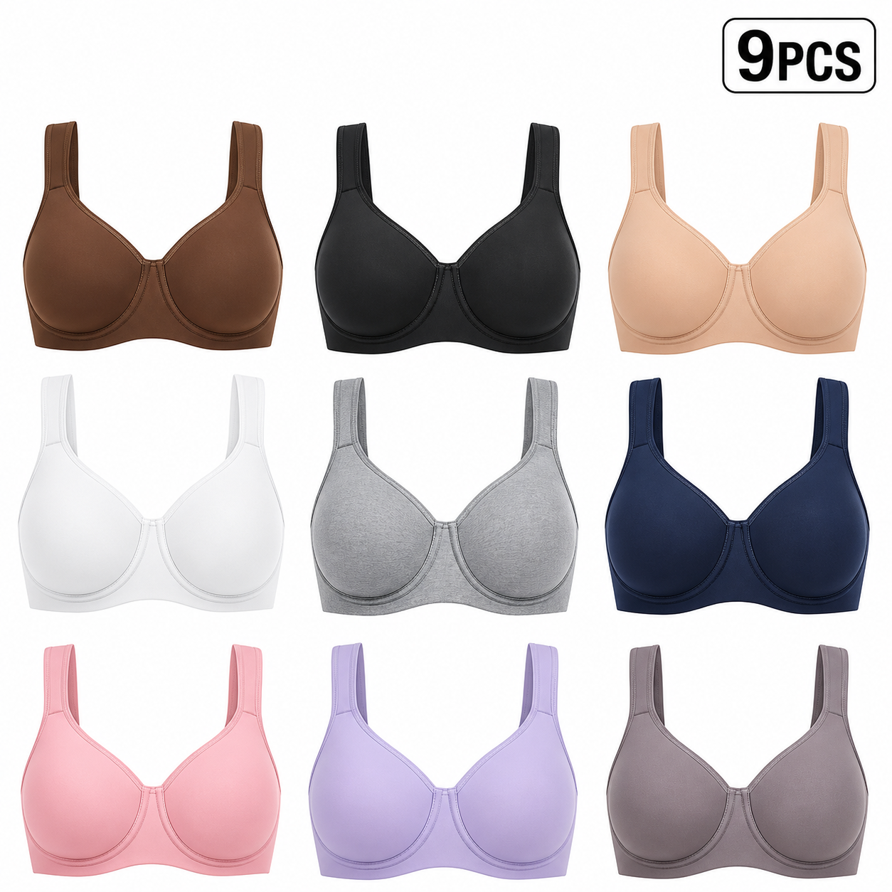 9 PACK-Women Minimizer Full Coverage, Plus Size T Shirt Unlined Underwire Smooth Bra