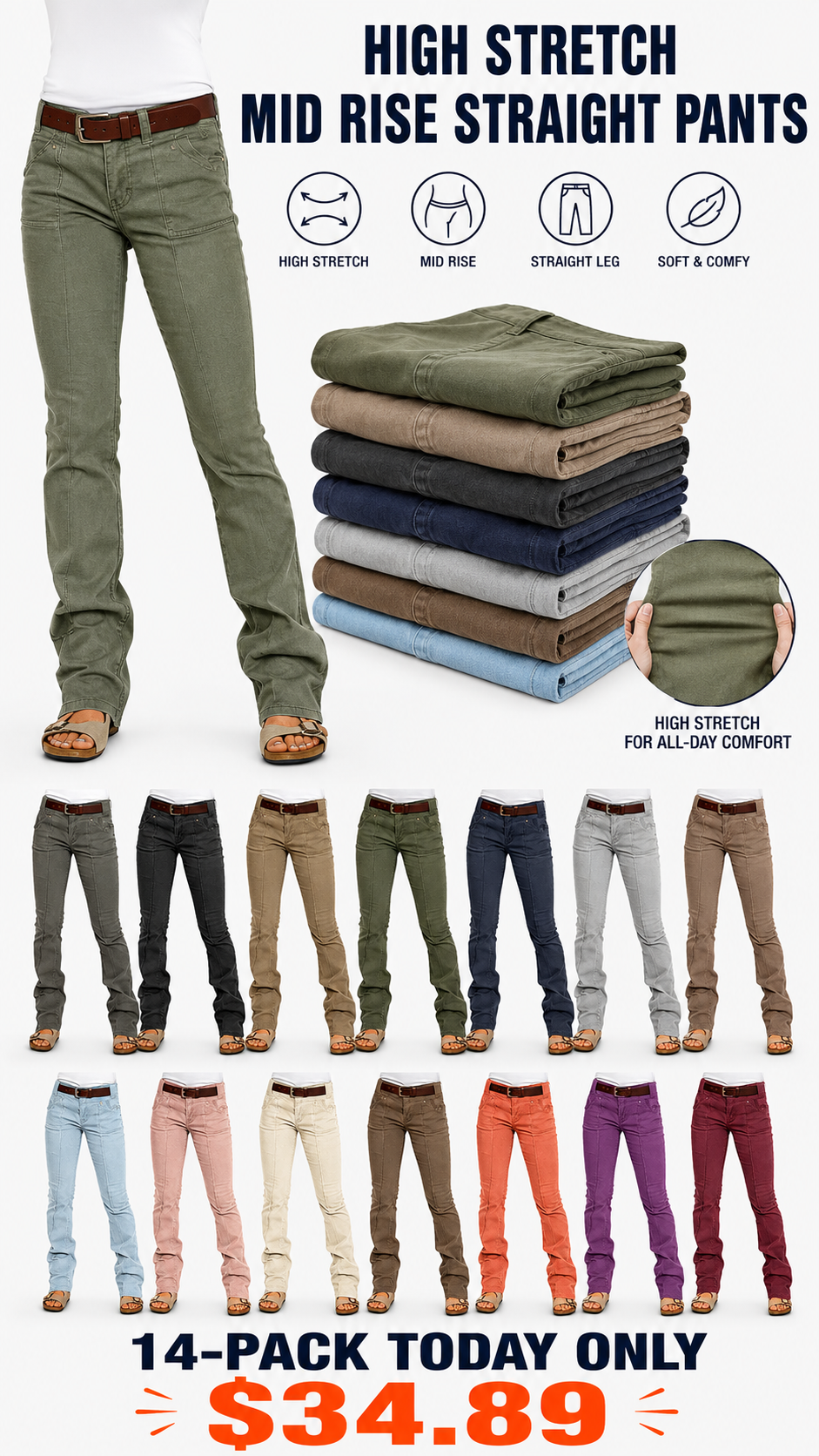8 PACK Women’s High Stretch Mid Rise Pants