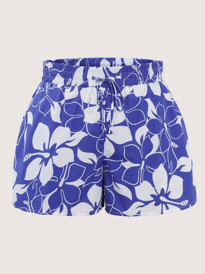 Cotton Large Floral Print Drawstring Shorts