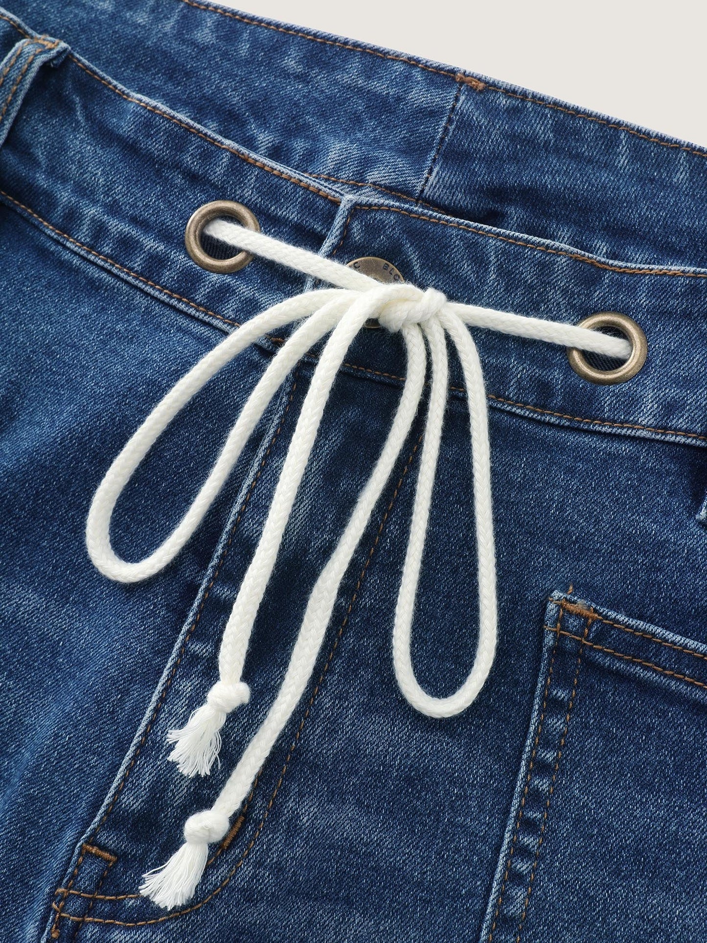 Stretchy Drawstring Straight-Leg Denim Shorts