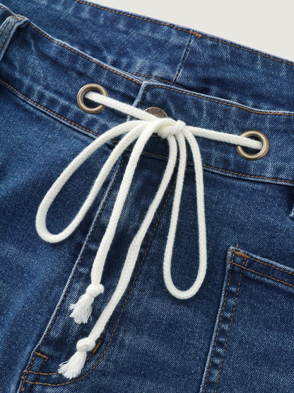 Stretchy Drawstring Straight-Leg Denim Shorts
