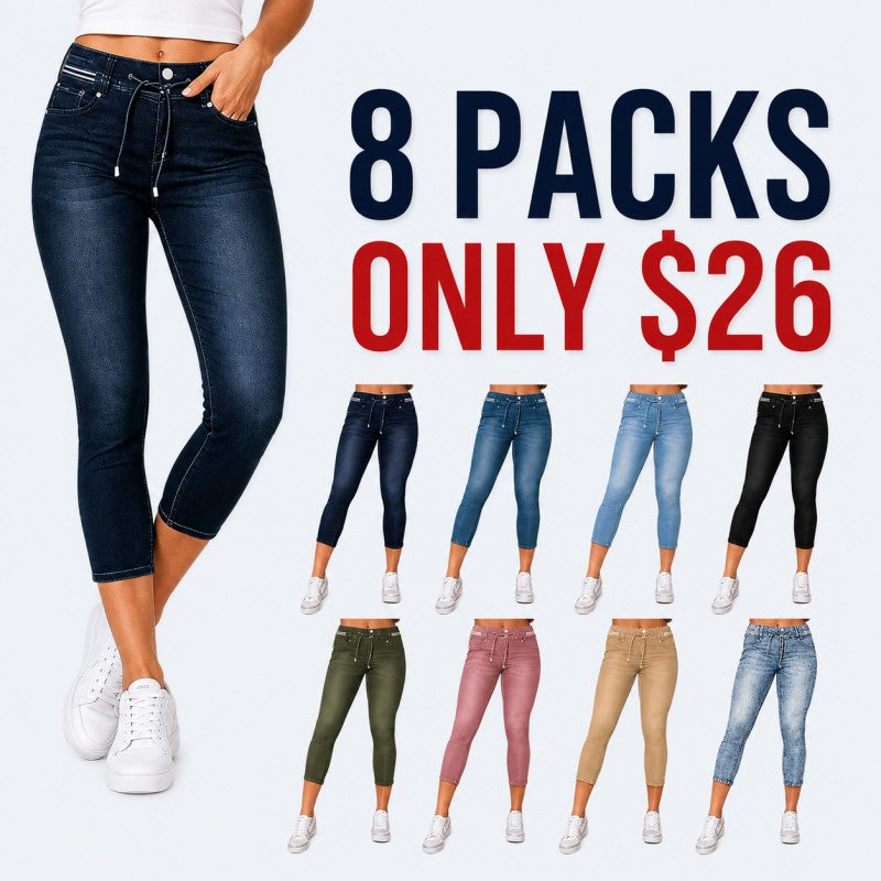 Wash Contrast Binding Double Button Drawstring Mid Waist High Stretch Fit Capri Jeans  Pant