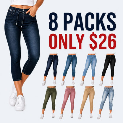 Wash Contrast Binding Double Button Drawstring Mid Waist High Stretch Fit Capri Jeans  Pant
