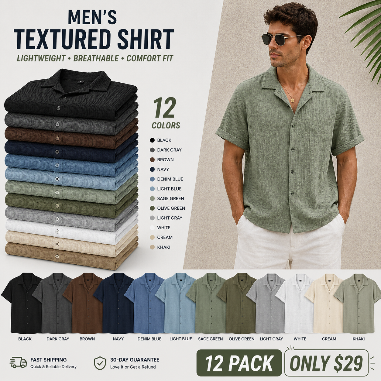 Summer Lightweight Breathable Solid Color Short-Sleeve Dress Shirts