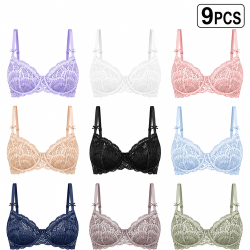 9 PACK-Women's Sexy Lace Bra Sheer Underwire Unlined Balconette Everyday Bras Lingerie