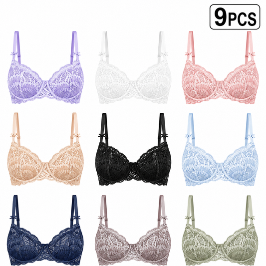 9 PACK-Women's Sexy Lace Bra Sheer Underwire Unlined Balconette Everyday Bras Lingerie