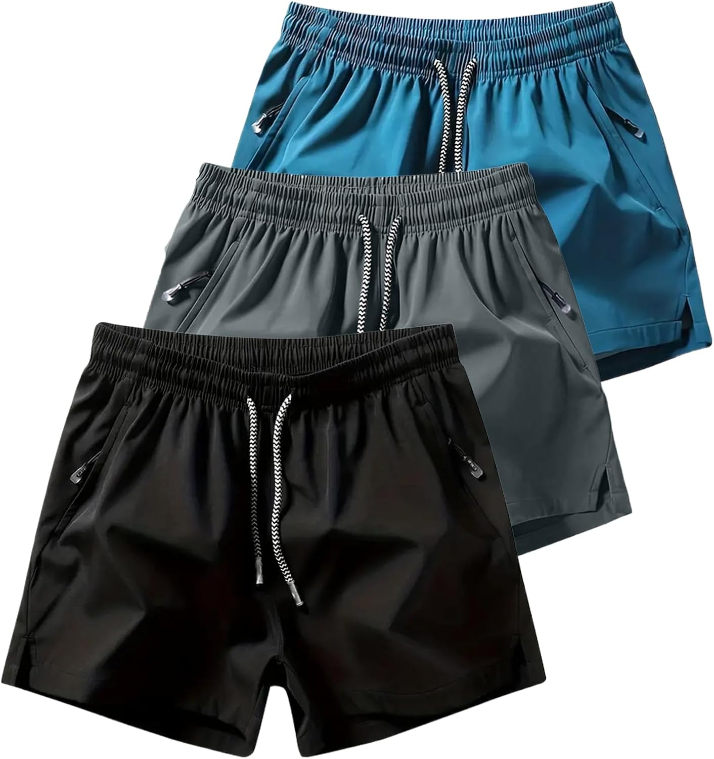 (Paquete de 3) shorts deportivos ligeros que absorben la humedad con bolsillos con cremallera