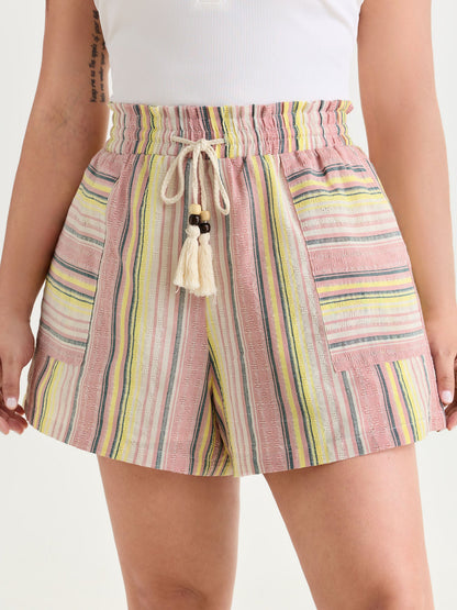Asymmetrical Striped Tassel Drawstring Shorts
