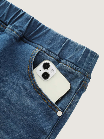 Stretchy Pull-On Pockets Denim Shorts