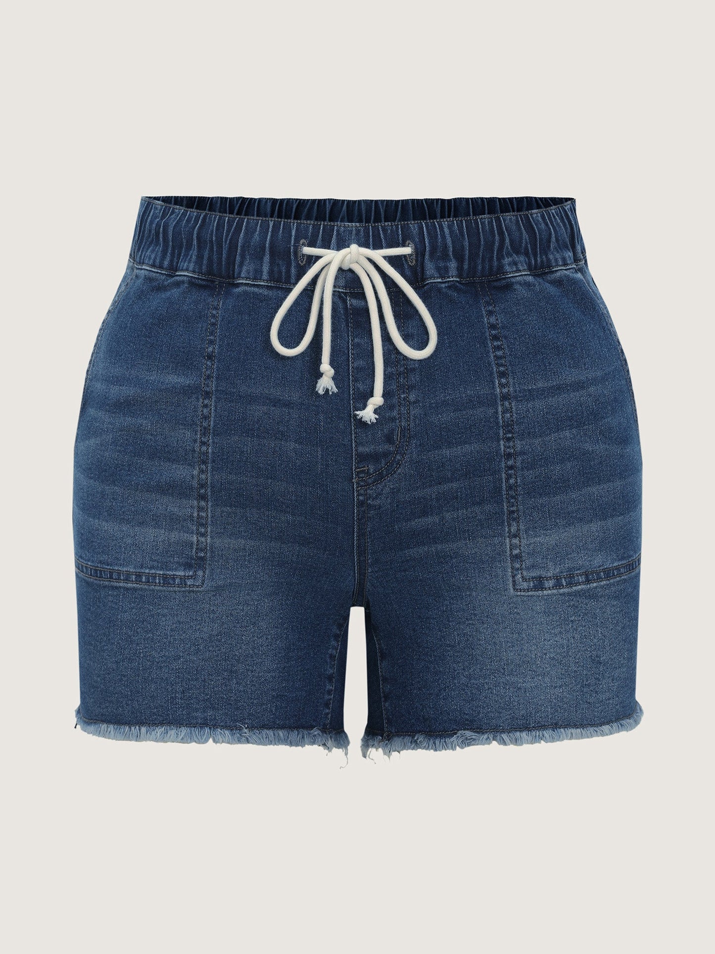 Stretchy Raw Hem Contrast Drawstring Denim Shorts