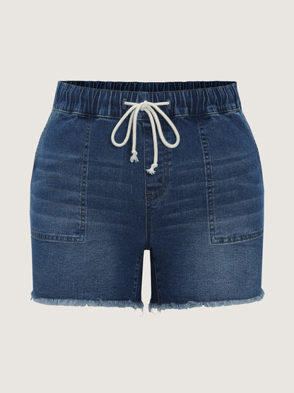 Stretchy Raw Hem Contrast Drawstring Denim Shorts