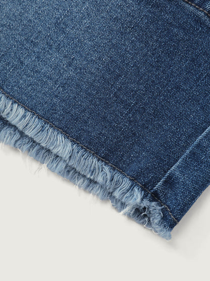 Stretchy Raw Hem Contrast Drawstring Denim Shorts