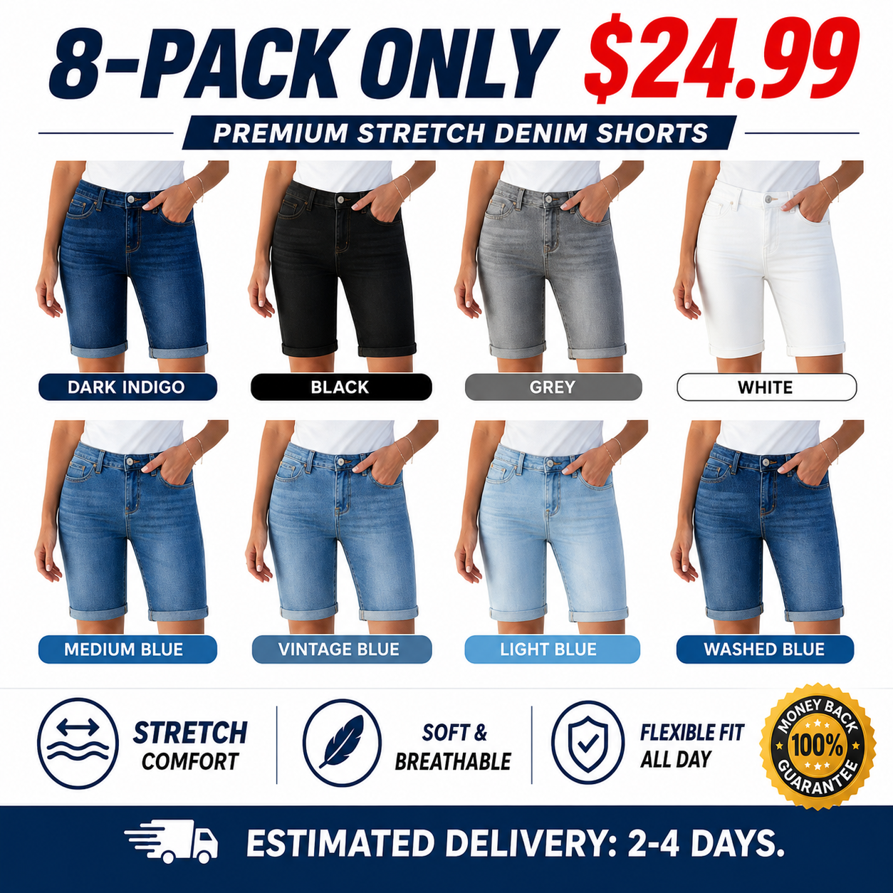 Pantalones cortos de mezclilla 8PACK, talle alto, desgastados, con dobladillo enrollado