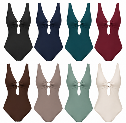 Plus-size, tummy-control, high-waisted one-piece swimsuit with removable breast pads.