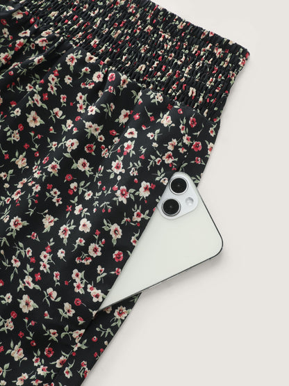 Micro Floral Print Shirred Waist Shorts