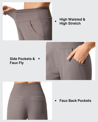 Pantalones de yoga de punto acanalado de cintura alta y pierna ancha