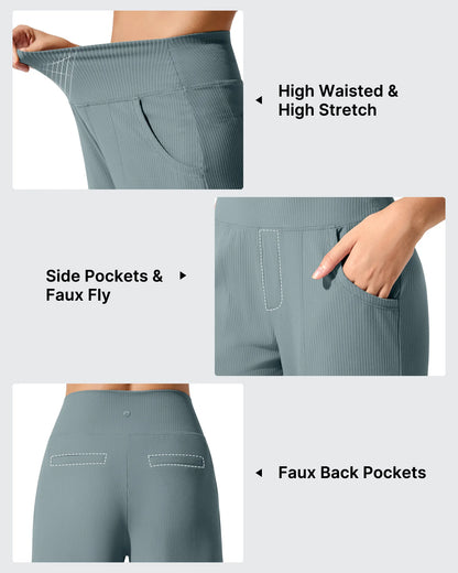 Pantalones de yoga de punto acanalado de cintura alta y pierna ancha