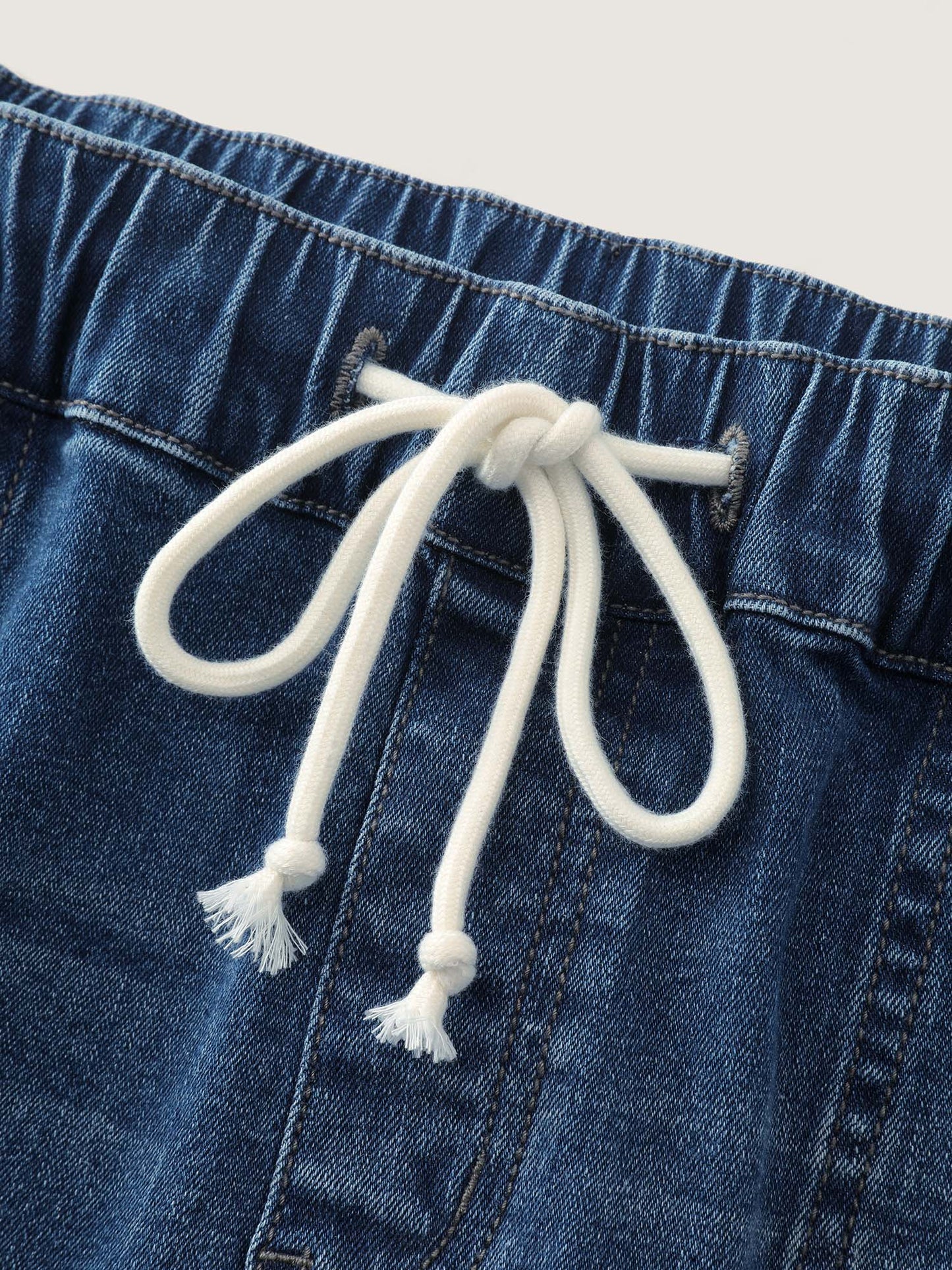 Stretchy Raw Hem Contrast Drawstring Denim Shorts