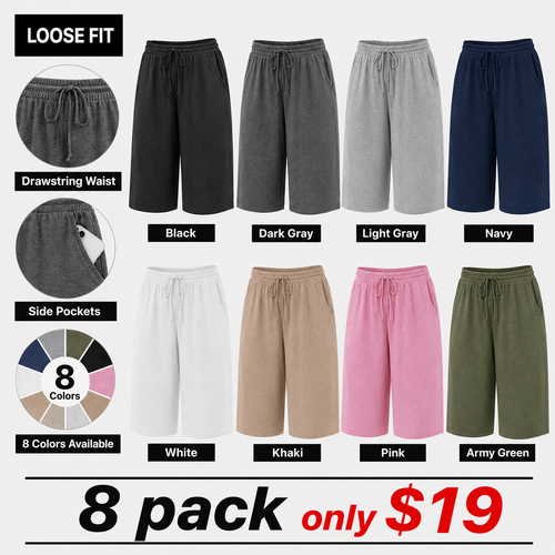 Plus Size Wide-Leg Capri Lounge Baggy Pants - Wide Leg Knit Pull-On Pants with Pockets,M-6X