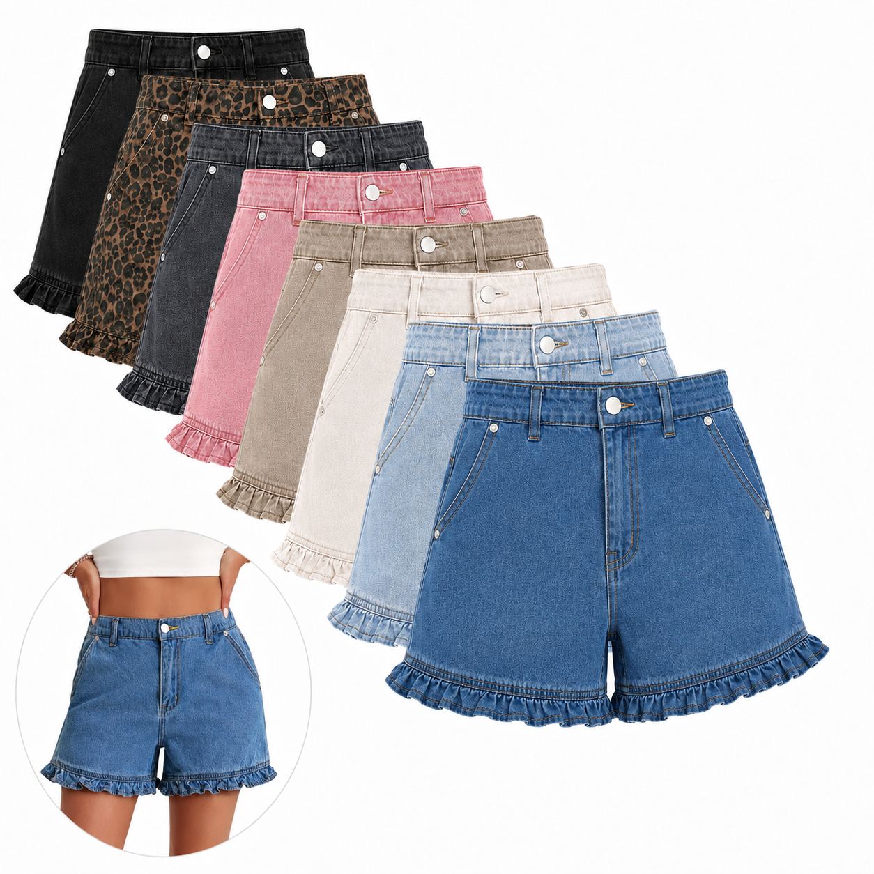 Women's cute high-waisted pure cotton summer ruffled denim shorts