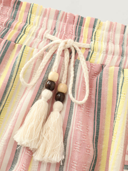 Asymmetrical Striped Tassel Drawstring Shorts