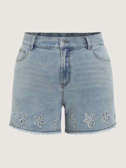 Stretchy Raw Hem Straight-Leg Denim Shorts