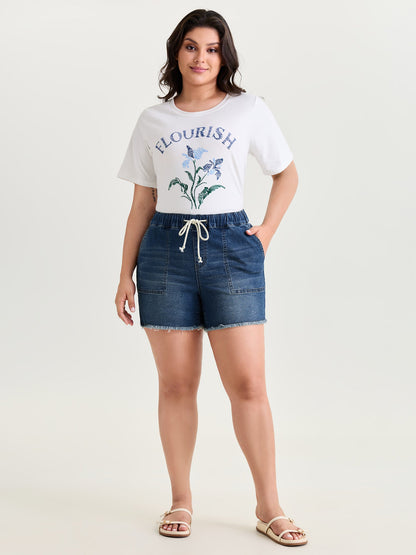 Stretchy Raw Hem Contrast Drawstring Denim Shorts