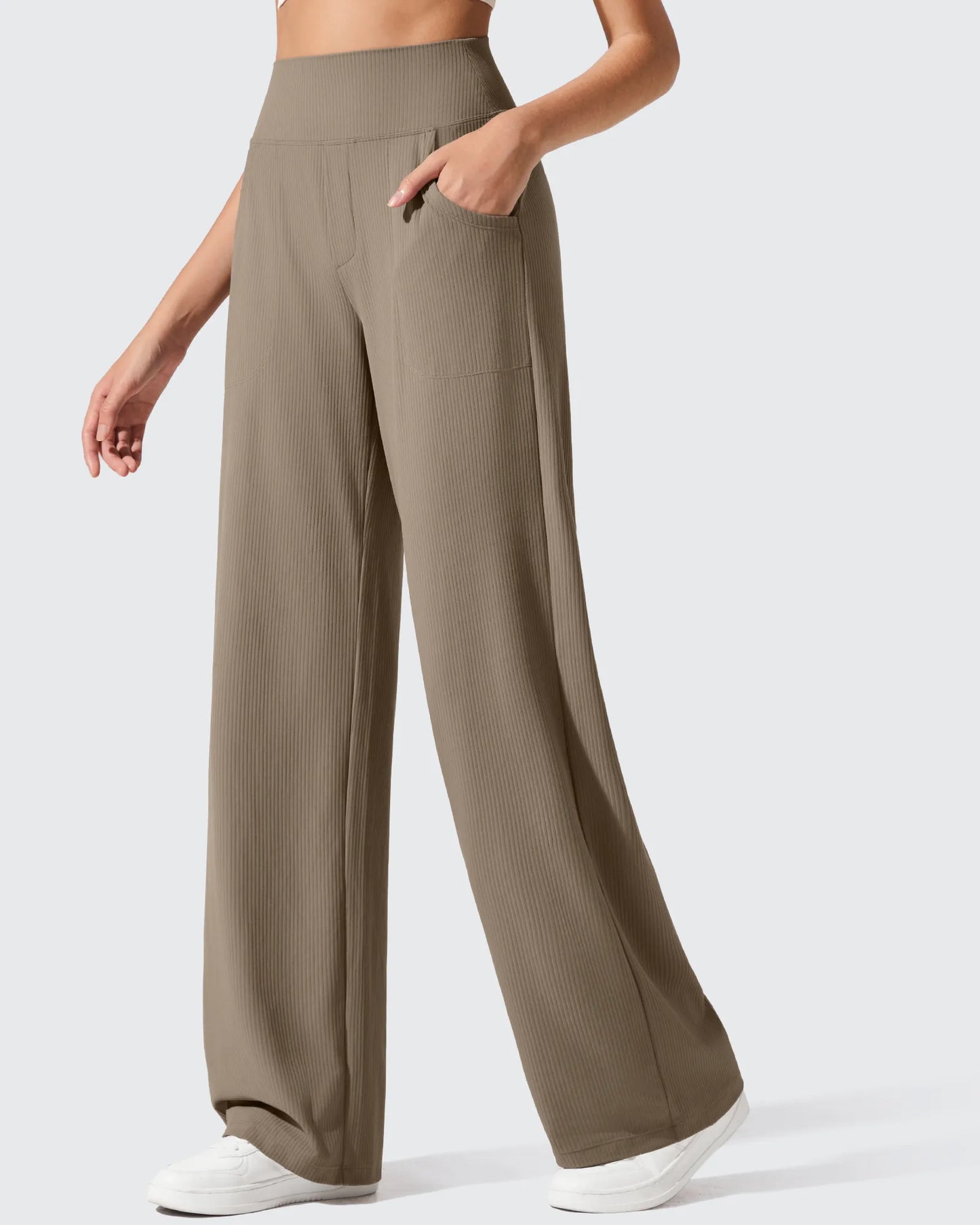 Pantalones de yoga de punto acanalado de cintura alta y pierna ancha