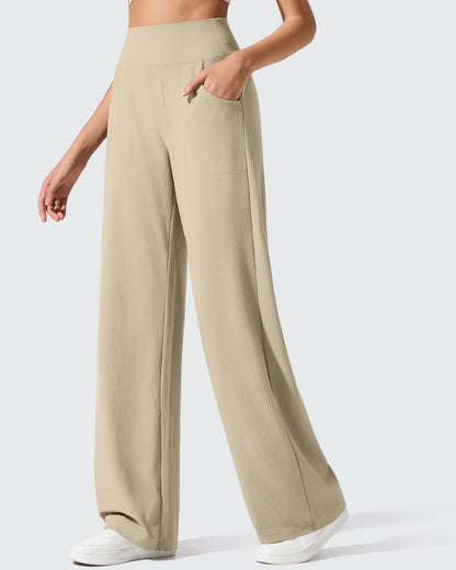 Pantalones de yoga de punto acanalado de cintura alta y pierna ancha