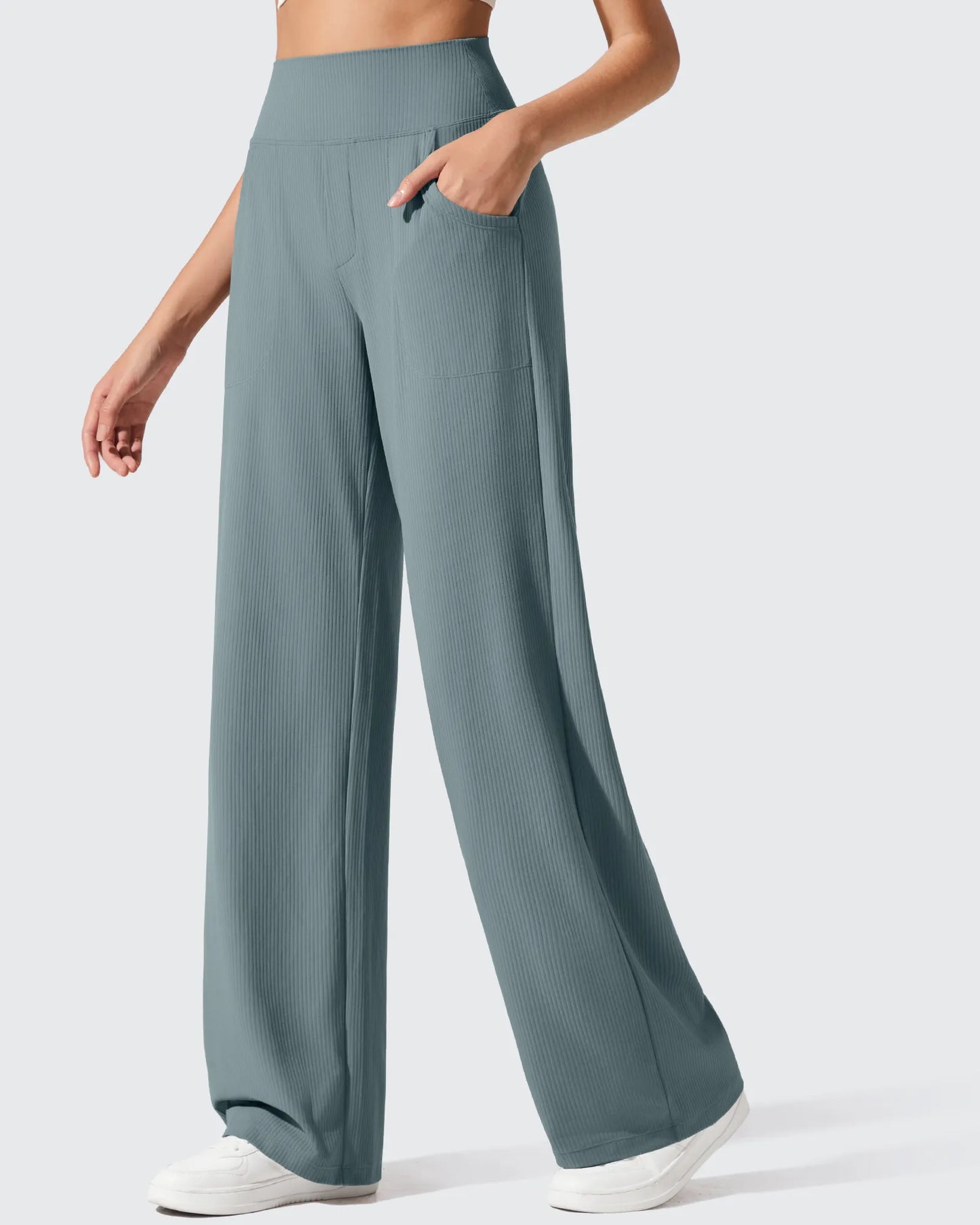 Pantalones de yoga de punto acanalado de cintura alta y pierna ancha