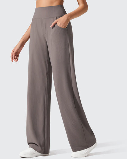 Pantalones de yoga de punto acanalado de cintura alta y pierna ancha