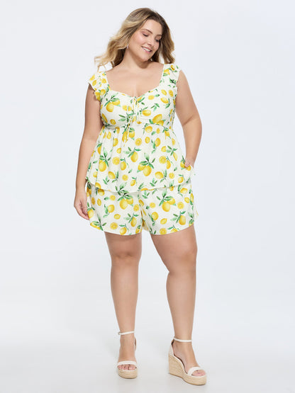 Hand-Painted Lemon Print Pockets Shorts