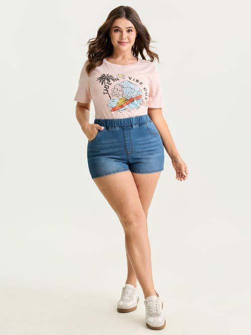 Stretchy Pull-On Pockets Denim Shorts