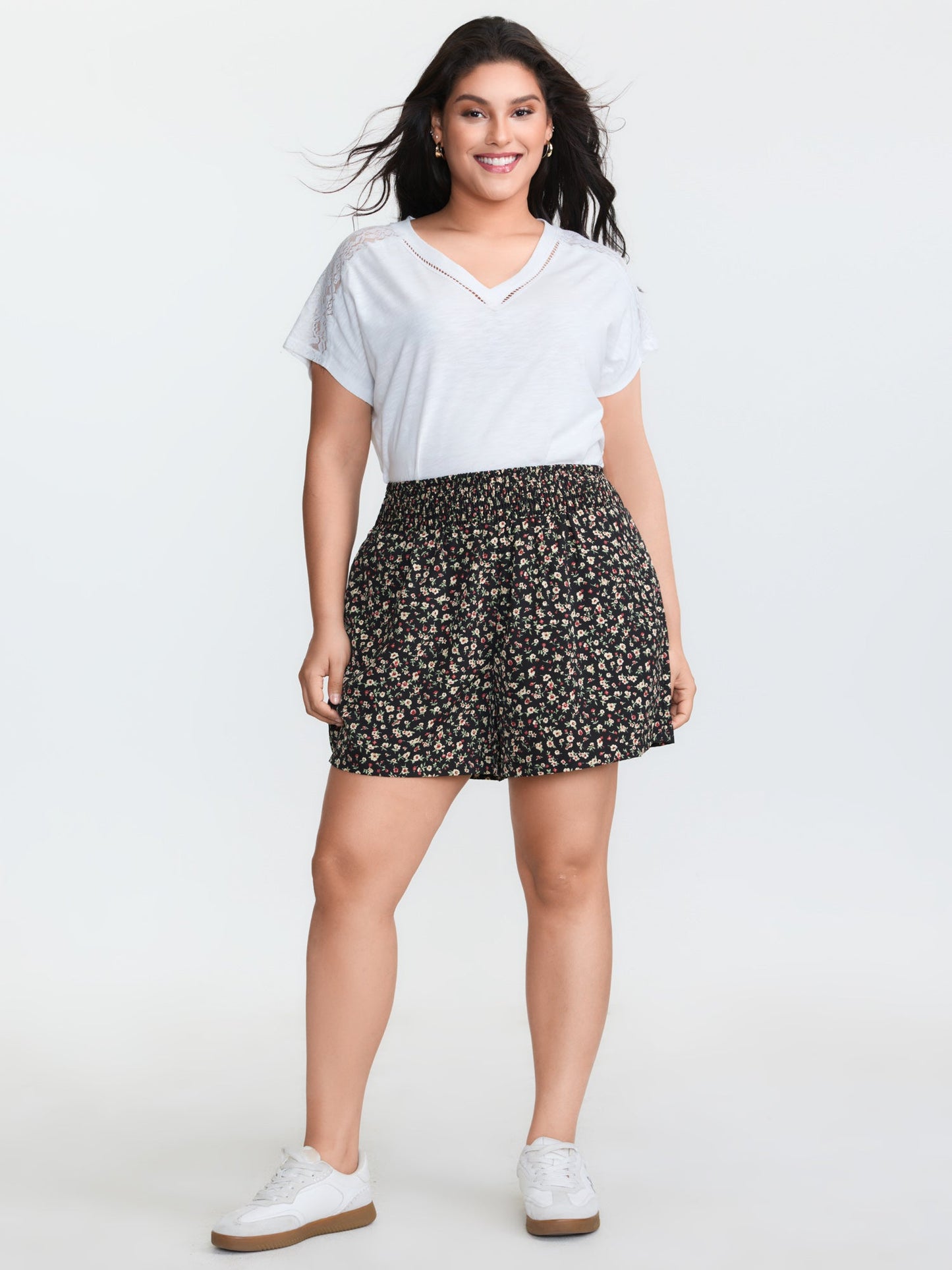 Micro Floral Print Shirred Waist Shorts