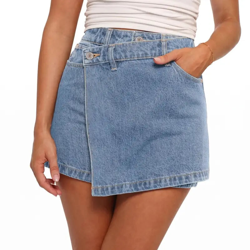 Women's high-waisted denim culottes, body-hugging stretch asymmetrical culottes