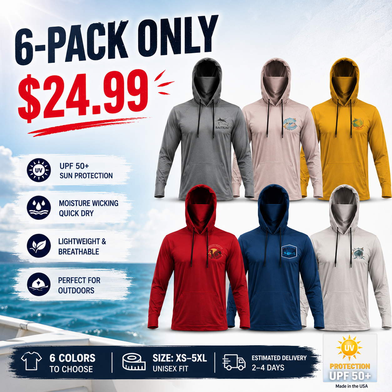 Men's Fishing & Construction Work Shirt — Hooded UPF 50 Long Sleeve (with Face Mask)