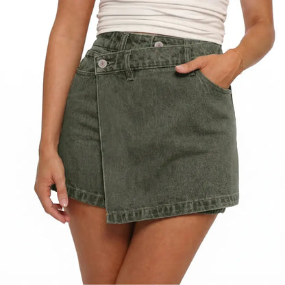 Women's high-waisted denim culottes, body-hugging stretch asymmetrical culottes