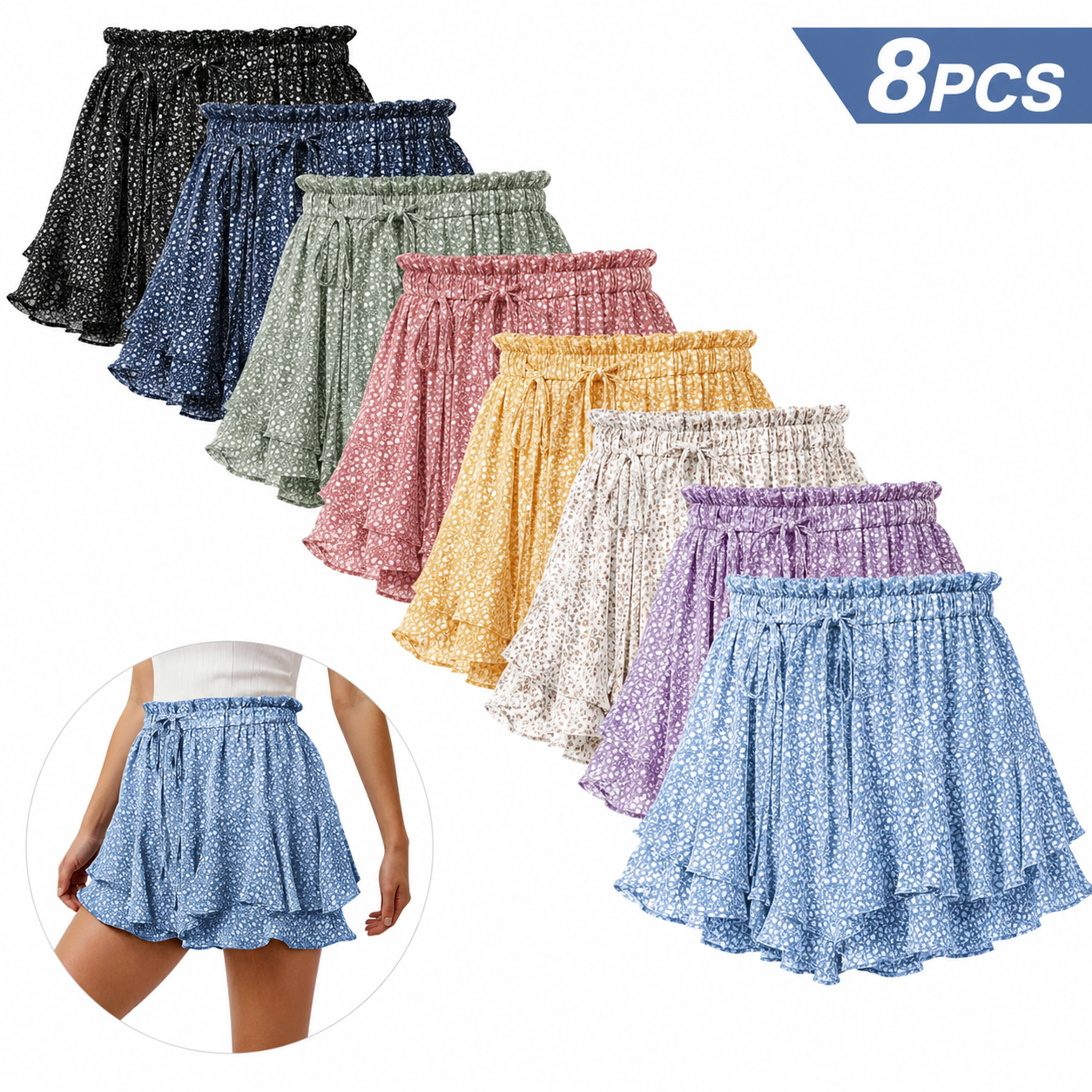 High Waist Elastic Drawstring Mini A-Line Floral Skort