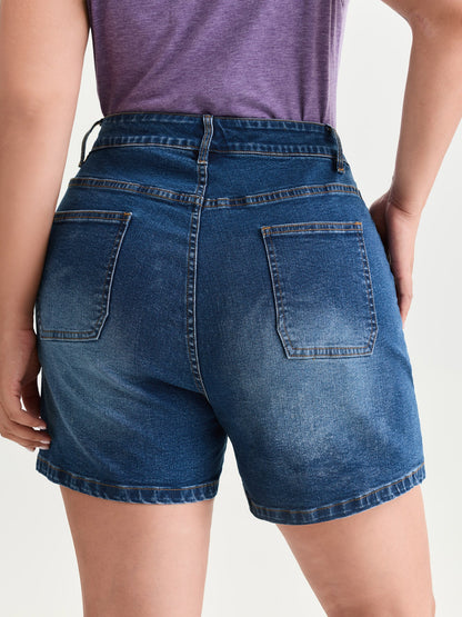 Stretchy Drawstring Straight-Leg Denim Shorts