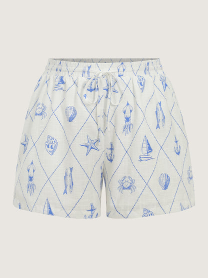 Cotton Nautical Print Drawstring Shorts