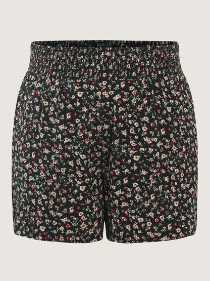 Micro Floral Print Shirred Waist Shorts