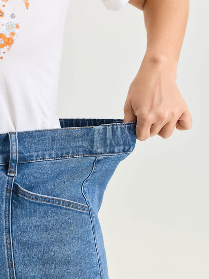 Elastic Waist Folded Hem Straight-Leg Denim Shorts